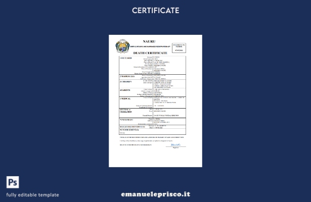 certificato di morte di Nauru in stile verificato modello Word e PDF
